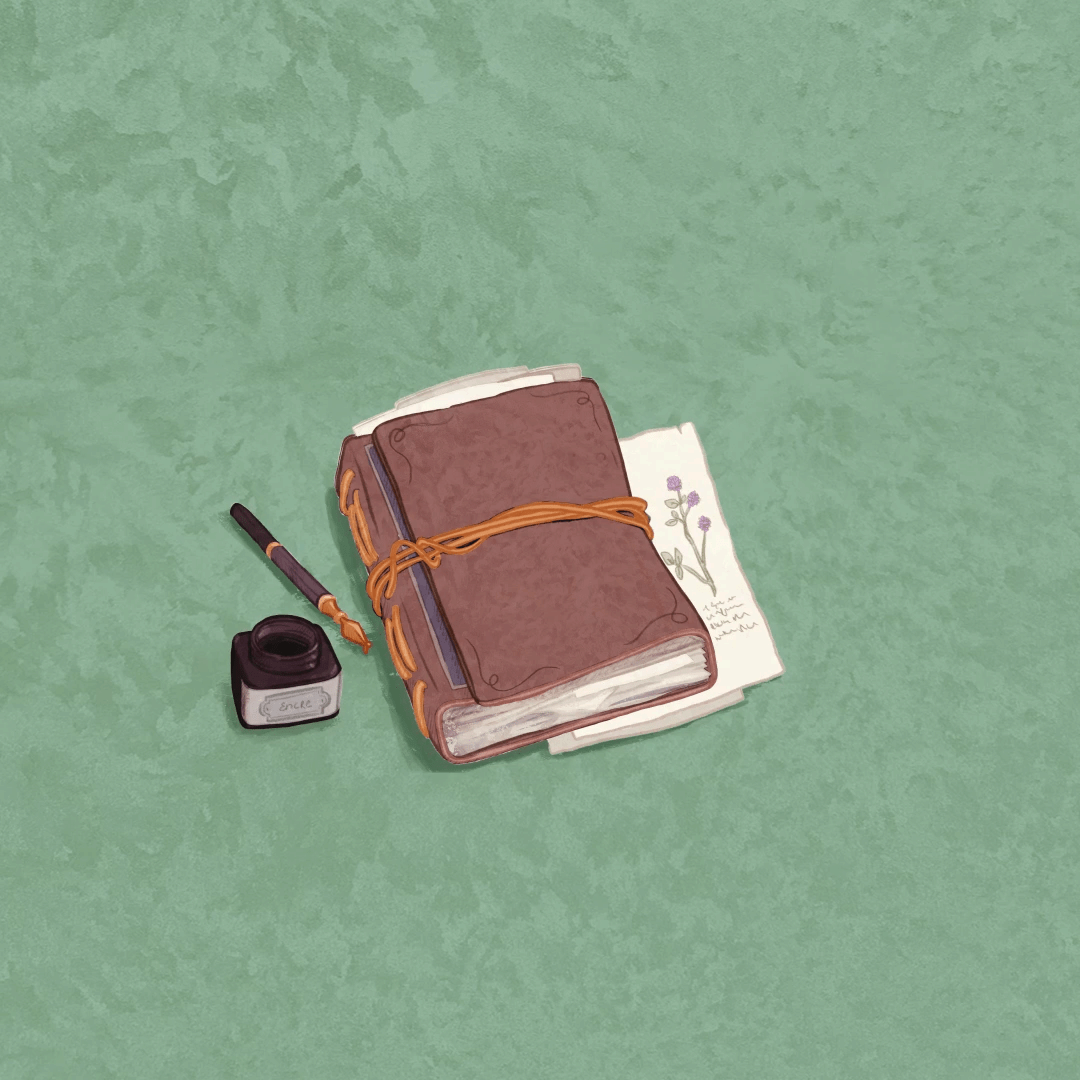Livre relié en cuir, fermé à l'aide d'un cordon. Des pages illustrées de fleurs dépassent du livre. Un encrier et une plume sont posés à côté du livre.