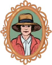 Portrait d’Elsie Reford dessiné dans un médaillon sculpté de couleur orangée.