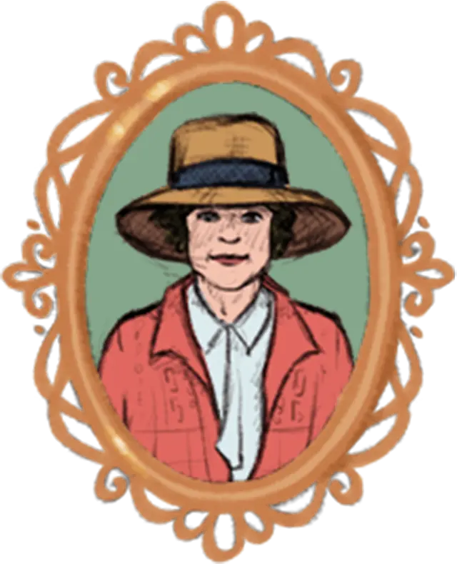 Portrait d’Elsie Reford dessiné dans un médaillon sculpté de couleur orangée.