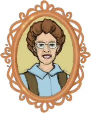 Portrait d’Isabella Preston dessiné dans un médaillon sculpté de couleur orangée.