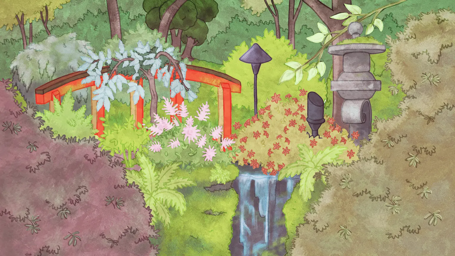 Ce dessin du jardin japonais illustre une chute d’eau qui s’écoule tranquillement sous un pont. Ce pont rouge est entouré de buissons verts et d’arbustes en fleurs. Le rose et le rouge de ces fleurs se démarquent des nuances de vert de ces buissons. La végétation verte est riche et des arbres feuillus délimitent le jardin au fond.