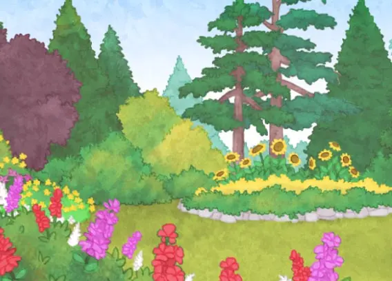 Ce dessin représente le jardin en contrebas des Jardins Butchart. Au premier plan, des fleurs rouges, violettes et blanches composent une platebande. Au fond, plusieurs arbres feuillus et conifères sont présents; le vert domine cette section du jardin. Devant ses arbres, il y a une platebande pleine de tournesols.