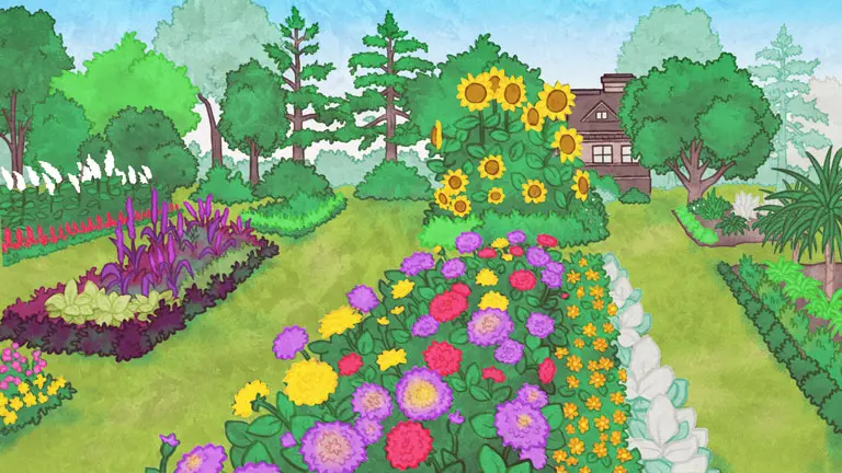Aquarelle des Jardins ornementaux de la Ferme expérimentale centrale. Les plantes sont en pleine floraison. On voit des fleurs violettes, rouges et jaunes. Des arbres et arbustes verts se trouvent aussi dans ce jardin. Des tournesols et un arbre feuillu cachent une maison brune de deux étages au fond du dessin.
