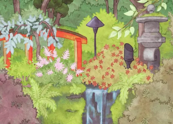 Ce dessin du jardin japonais illustre une chute d’eau qui s’écoule tranquillement sous un pont. Ce pont rouge est entouré de buissons verts et d’arbustes en fleurs. Le rose et le rouge de ces fleurs se démarquent des nuances de vert de ces buissons. La végétation verte est riche et des arbres feuillus délimitent le jardin au fond.