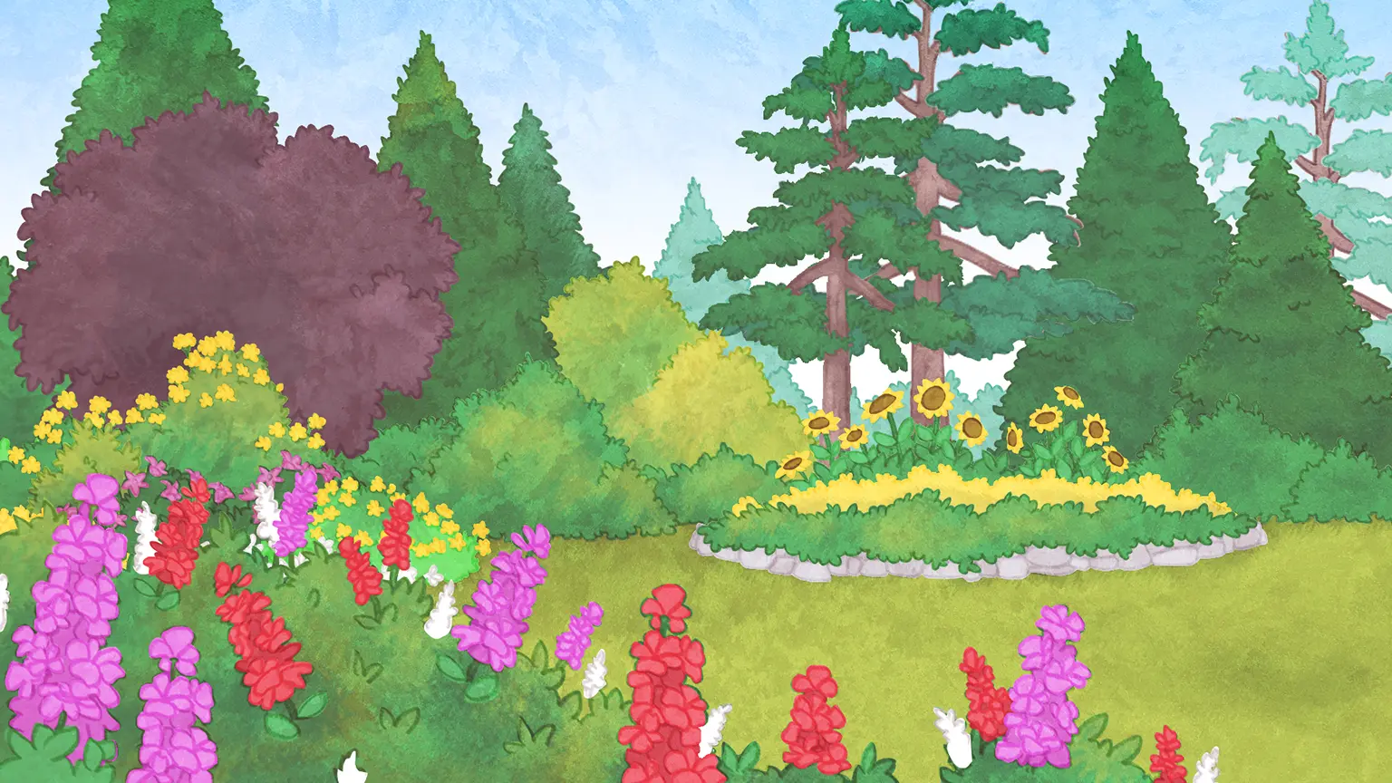 Ce dessin représente le jardin encaissé des Jardins Butchart. Au premier plan, des fleurs rouges, violettes et blanches composent une platebande. Au fond, plusieurs arbres feuillus et conifères sont présents; le vert domine cette section du jardin. Devant ses arbres, il y a une platebande pleine de tournesols.