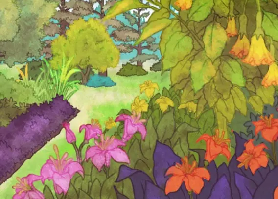 Sur cette illustration, le jardin a des couleurs variées. On voit du rouge, du rose et du violet au premier plan, dans la platebande.