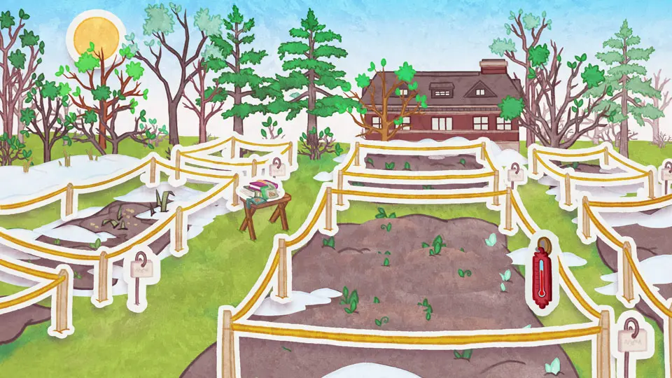 Dessin des Jardins ornementaux de la Ferme expérimentale centrale au printemps. Au fond, la maison brune commence à se dissimuler derrière des arbres feuillus. Au premier plan, les jardins sont délimités par des cordes et des piquets, le soleil fait fondre la neige; des pousses apparaissent.
