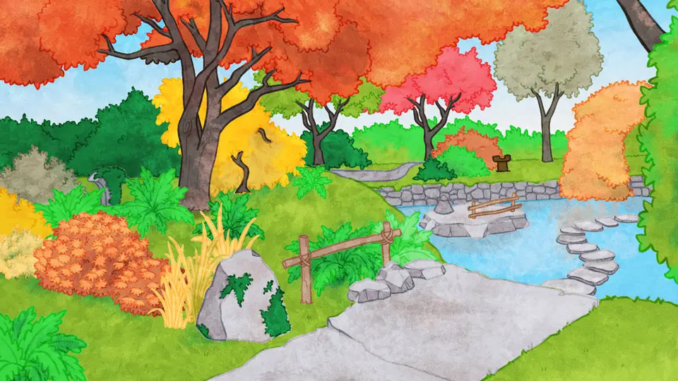 Aquarelle du Jardin japonais, la végétation et le ruisseau sont harmonieux. Un sentier de pierres gris clair mène jusqu’au ruisseau. Une dizaine de pierres plates qui serpentent le cours d’eau permettent de la traverser. Des arbustes et des buissons aux couleurs vert tendre, orangée et jaune bordent le ruisseau. Un arbre au feuillage orange se distingue.