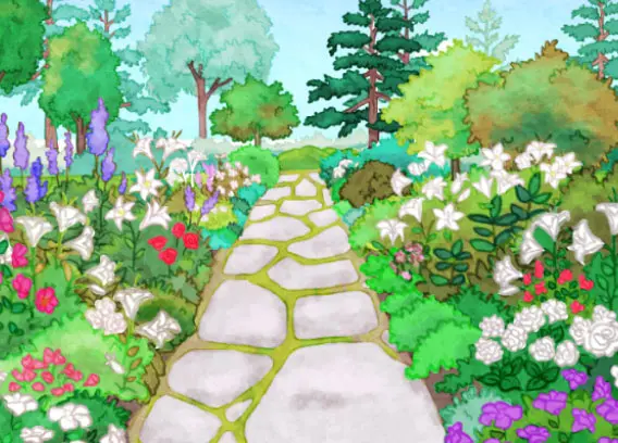 Ce dessin représente l’Allée royale. Un sentier de grandes pierres grises sépare le dessin en plein centre et crée deux platebandes. Les platebandes sont couvertes de lis blancs, de roses rouges, de fleurs violettes et de buissons d’un vert dense. On voit quelques arbres feuillus et conifères au fond du dessin.