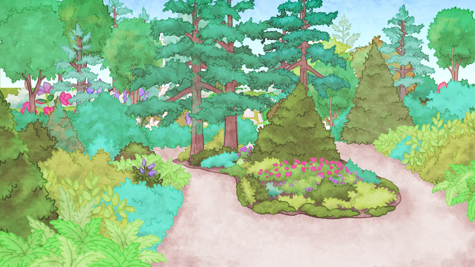 Ce dessin représente le Jardin d’accueil des Jardins de Métis. Un sentier de gravier divise l’image en deux. À gauche, des buissons, grands et petits, composent la platebande. Leurs couleurs varient du vert foncé au vert pâle. Quelques fleurs violettes rehaussent la platebande. À droite, la platebande est parsemée de fleurs rouges et violettes. Il y a beaucoup d’arbres dans ce jardin.