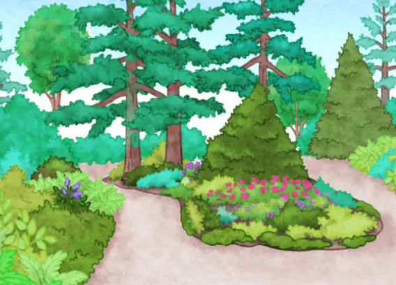 Ce dessin représente le Jardin d’accueil des Jardins de Métis. Un sentier de gravier divise l’image en deux. À gauche, des buissons, grands et petits, composent la platebande. Leurs couleurs varient du vert foncé au vert pâle. Quelques fleurs violettes rehaussent la platebande. À droite, la platebande est parsemée de fleurs rouges et violettes. Il y a beaucoup d’arbres dans ce jardin.