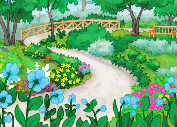 Ce dessin illustre le Jardin des pavots bleus. Un sentier de gravier serpente dans le jardin. Une vingtaine de pavots bleus occupent le premier plan. À gauche du sentier, quelques buissons verts rehaussés de fleurs colorées composent la platebande. Ces fleurs sont roses, jaunes, blanches, rouges et orange. À droite du sentier, deux arbres délimitent la platebande, composée de plusieurs buissons au feuillage vert varié.