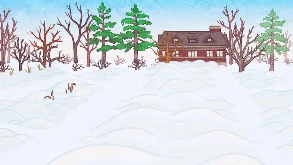 Dessin des Jardins ornementaux de la Ferme expérimentale centrale pendant l’hiver. La neige abondante recouvre l’ensemble des platebandes et des sentiers. La maison brune est dégagée et quelques conifères, au fond, offrent un peu de verdure. Les arbres voisins sont dénudés.