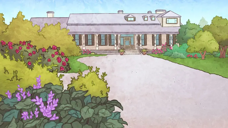 Aquarelle d’un point de vue caractéristique des Jardins de Métis. Au fond d’une allée bordée d’arbustes aux feuilles vert pâle et vert foncé se trouve une villa blanche. Cette grande maison en bois possède une galerie, un avant-toit soutenu par des colonnes sculptées et plusieurs fenêtres entourées de volets. Les fleurs rouges et fuchsia qui entourent la maison indiquent que c’est l’été.
